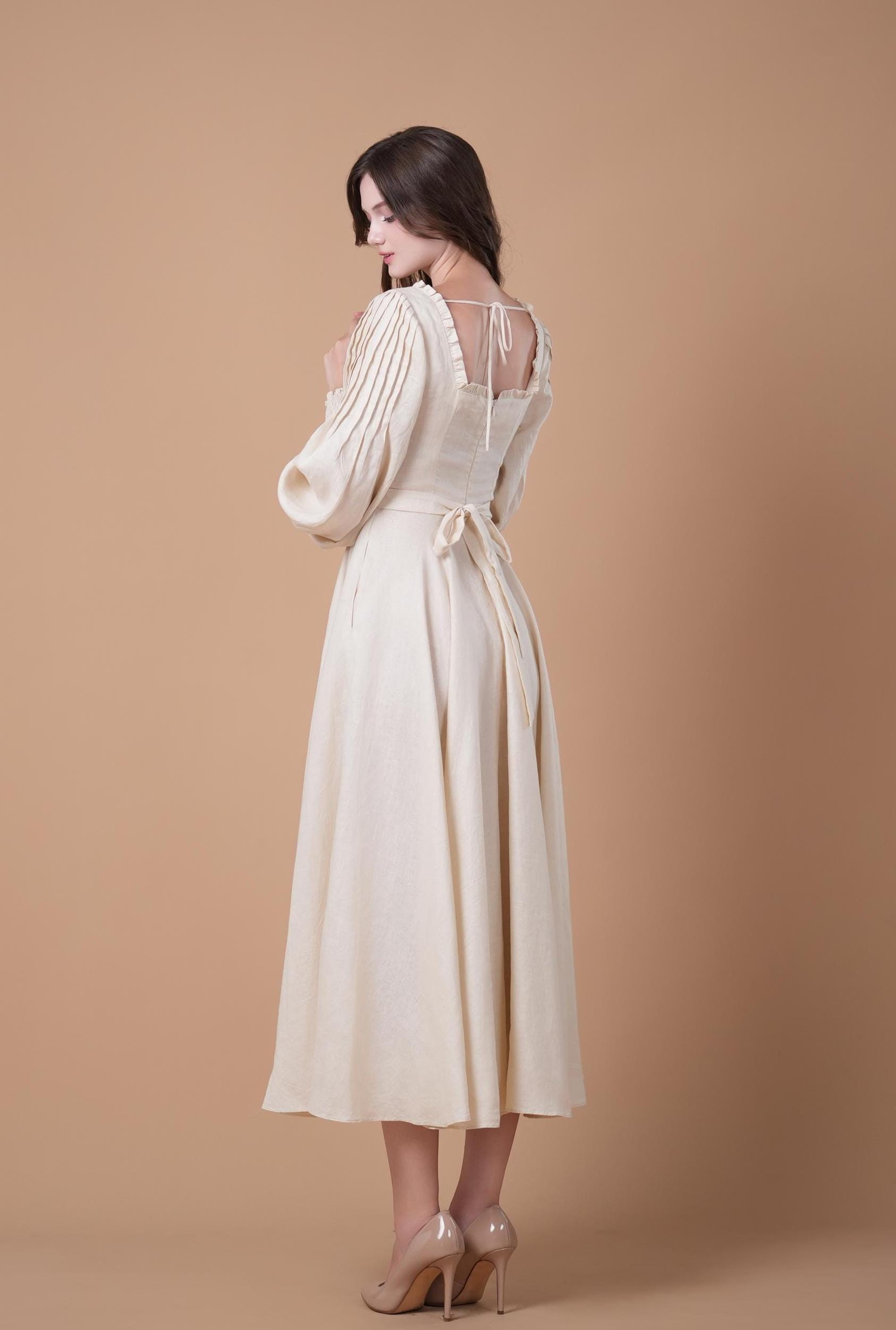 Cream White Square Neck Long Sleeve Swing Midi Dress - Image 5