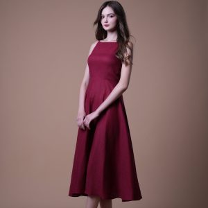Wine Red Sleeveless A-Line Midi Dress