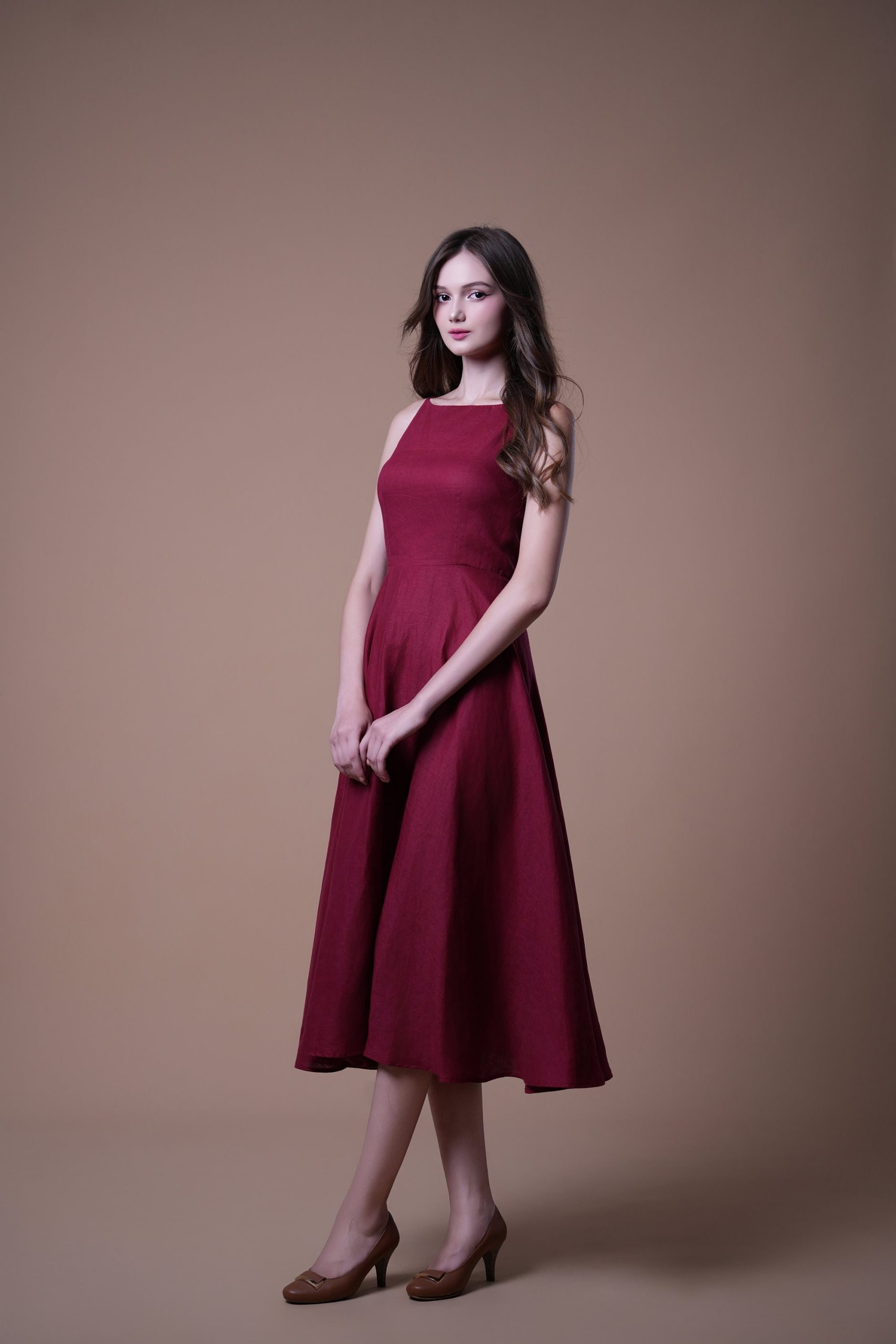 Wine Red Sleeveless A-Line Midi Dress
