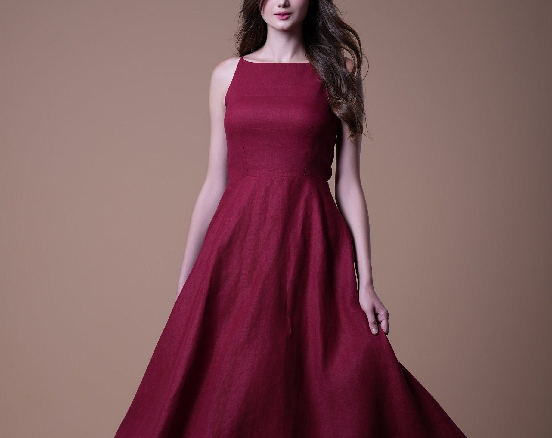 Wine Red Sleeveless A-Line Midi Dress - Image 5