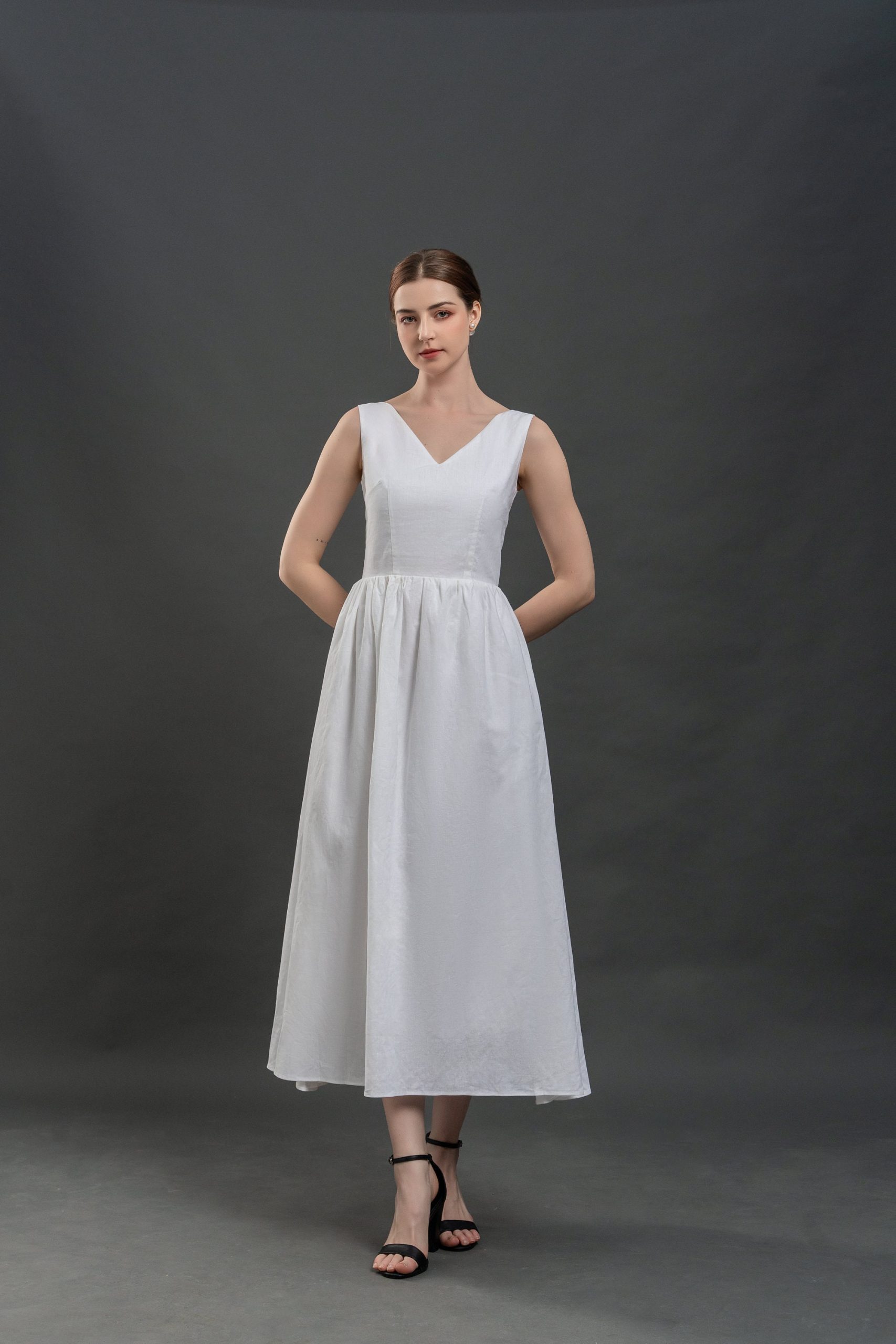 White V-Neck Sleeveless Midi Dress