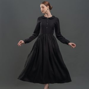 Black Peter Pan Collar Long Sleeve Midi Dress