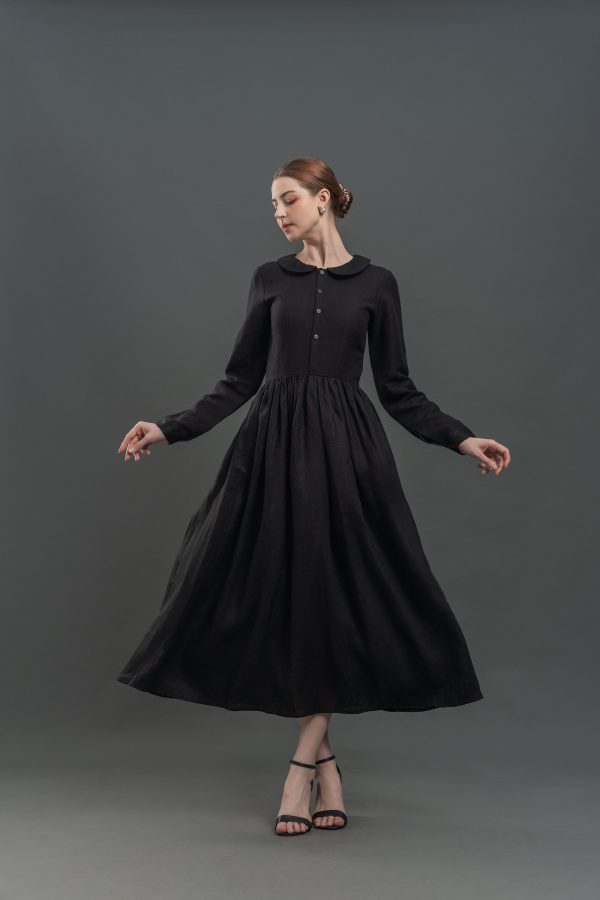 Black Peter Pan Collar Long Sleeve Midi Dress