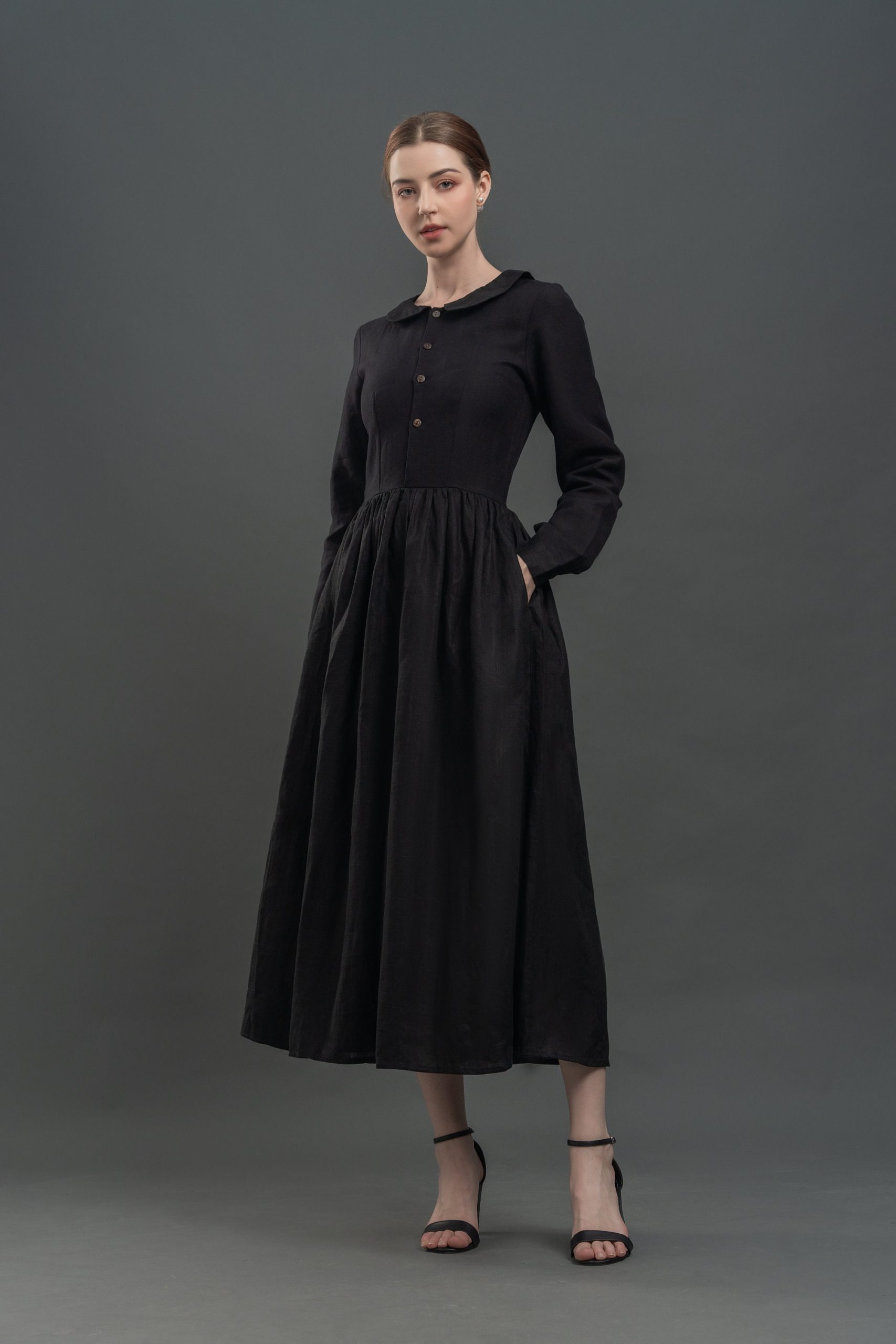 Black Peter Pan Collar Long Sleeve Midi Dress - Image 5