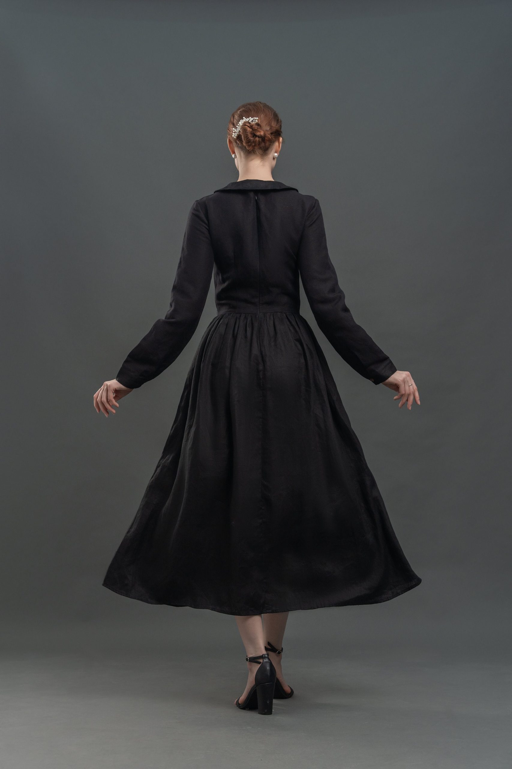 Black Peter Pan Collar Long Sleeve Midi Dress - Image 4