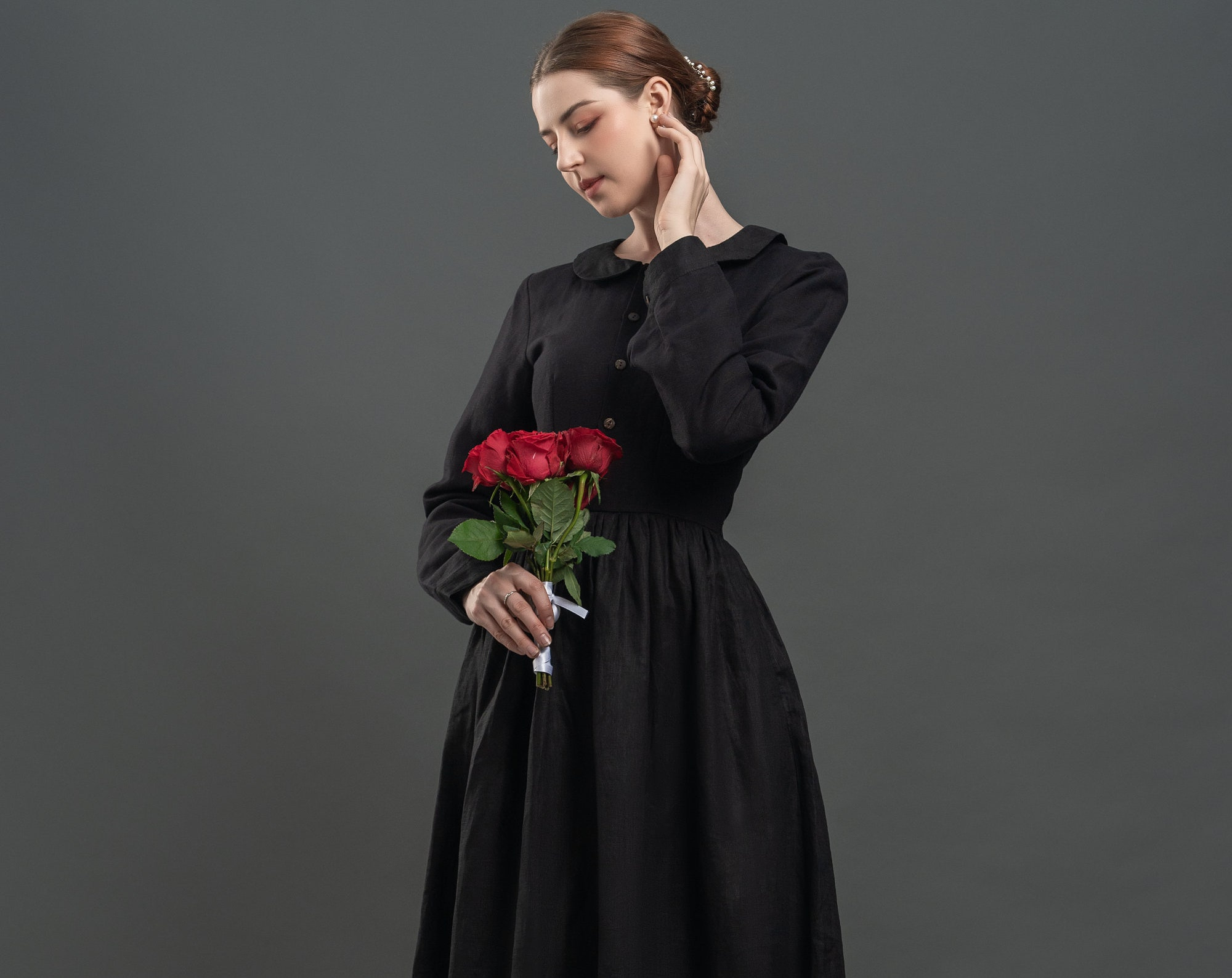 Black Peter Pan Collar Long Sleeve Midi Dress - Image 2