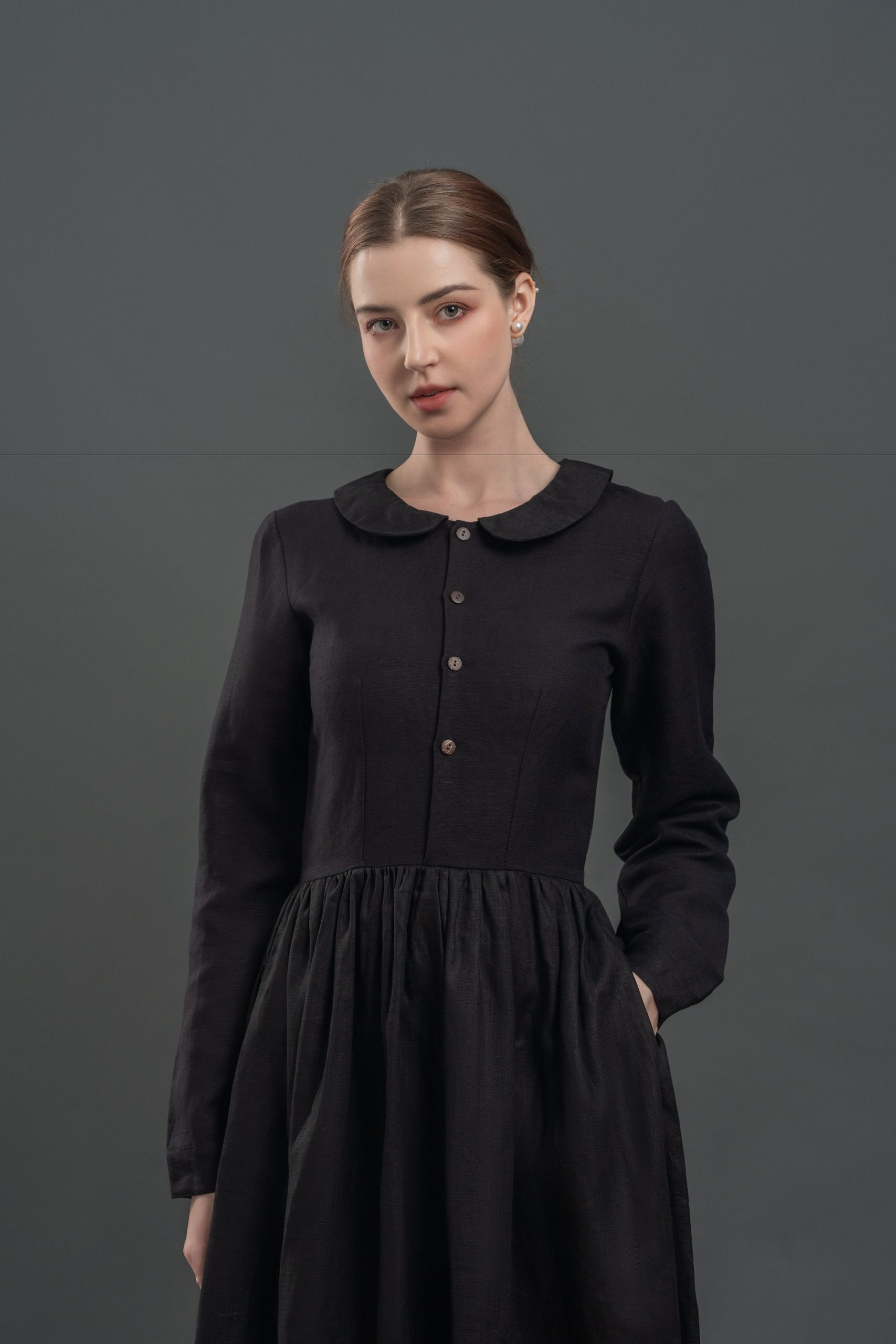 Black Peter Pan Collar Long Sleeve Midi Dress - Image 3