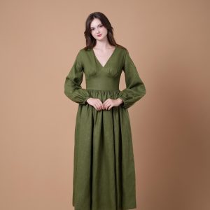 Olive Green V-Neck Long Sleeve Midi Dress