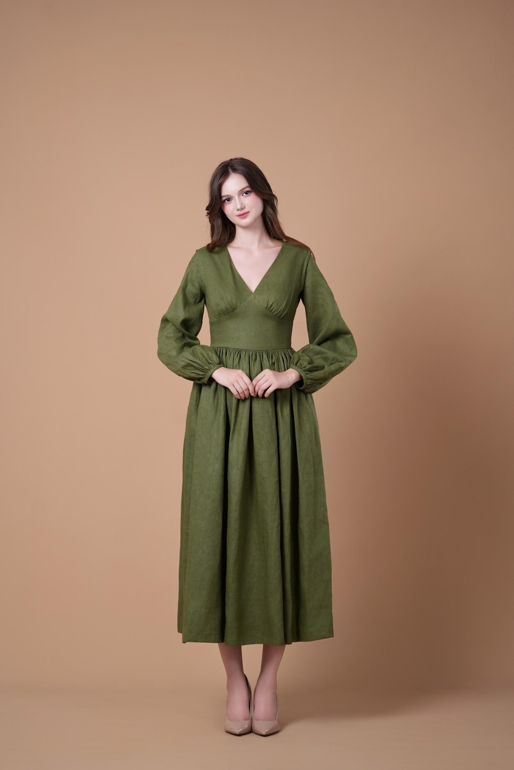 Olive Green V-Neck Long Sleeve Midi Dress