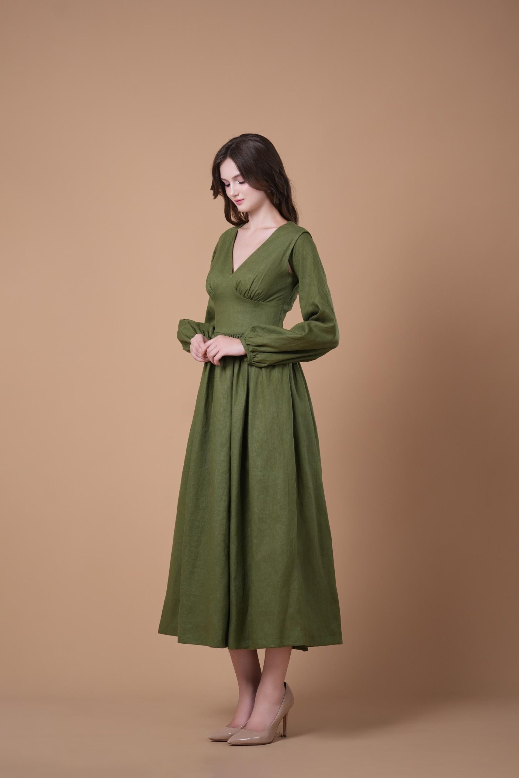 Olive Green V-Neck Long Sleeve Midi Dress - Image 2