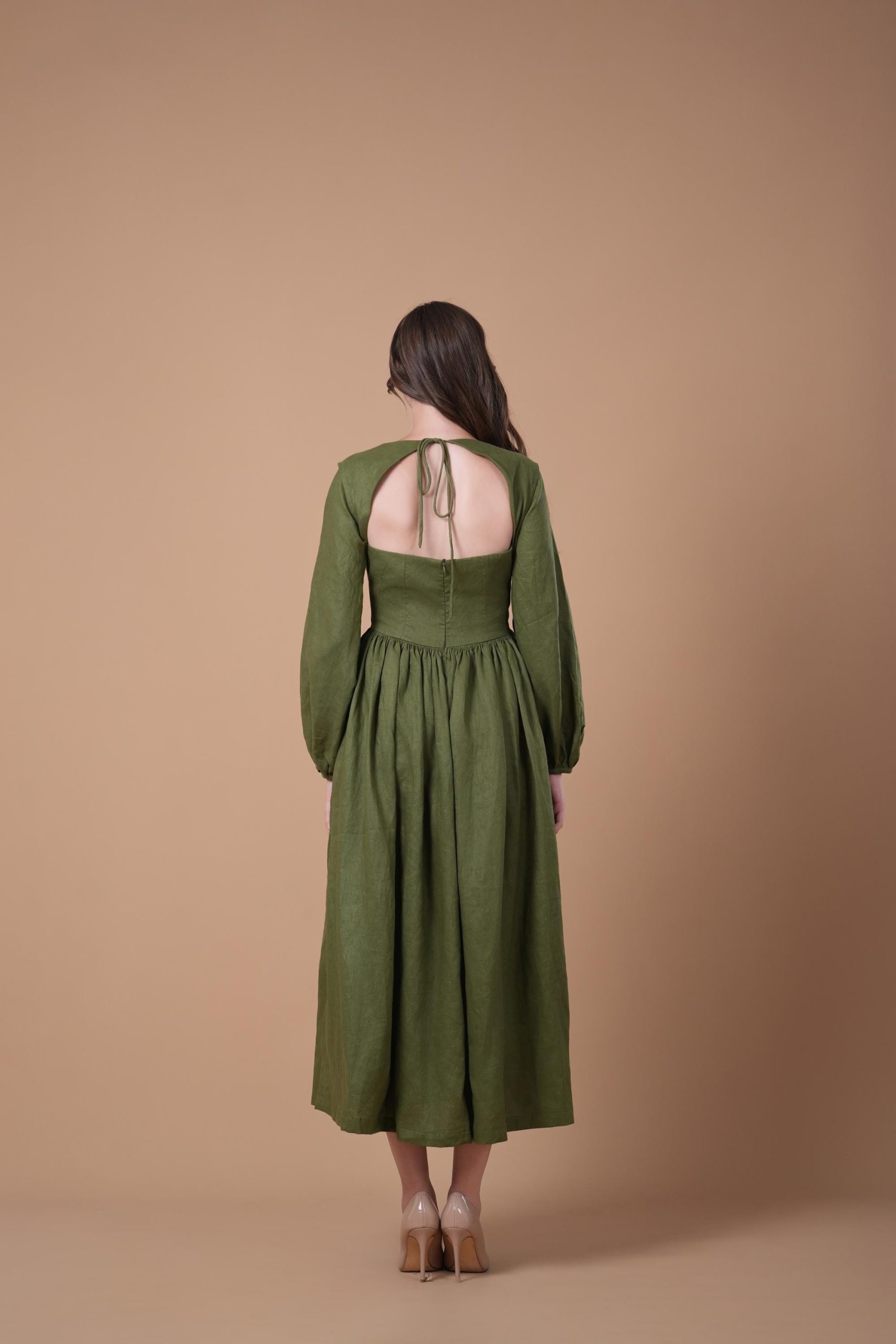 Olive Green V-Neck Long Sleeve Midi Dress - Image 3