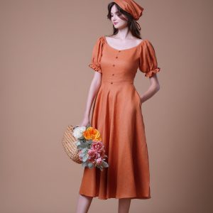 Rust Orange Puff Sleeve Button Front Midi Dress