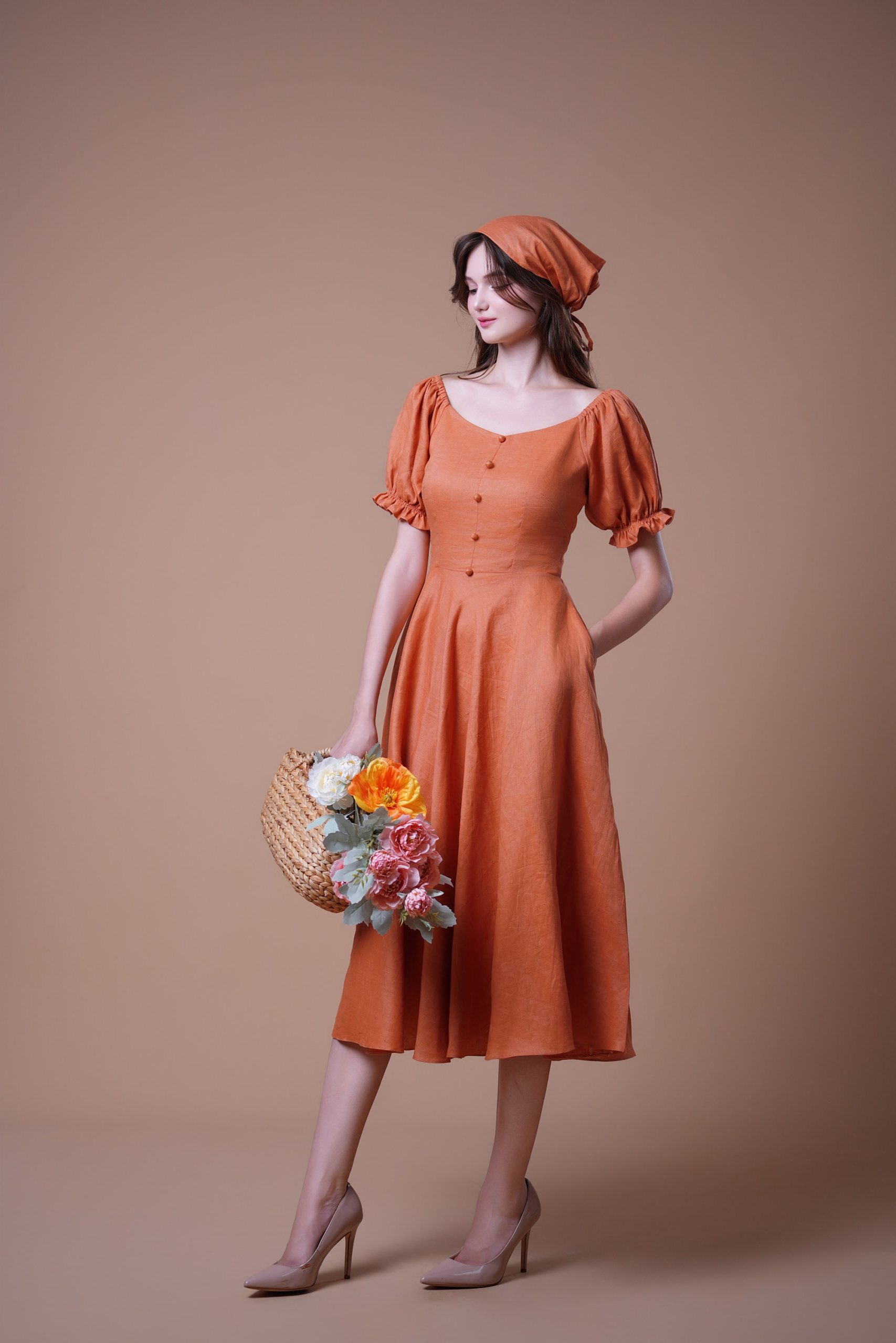 Rust Orange Puff Sleeve Button Front Midi Dress