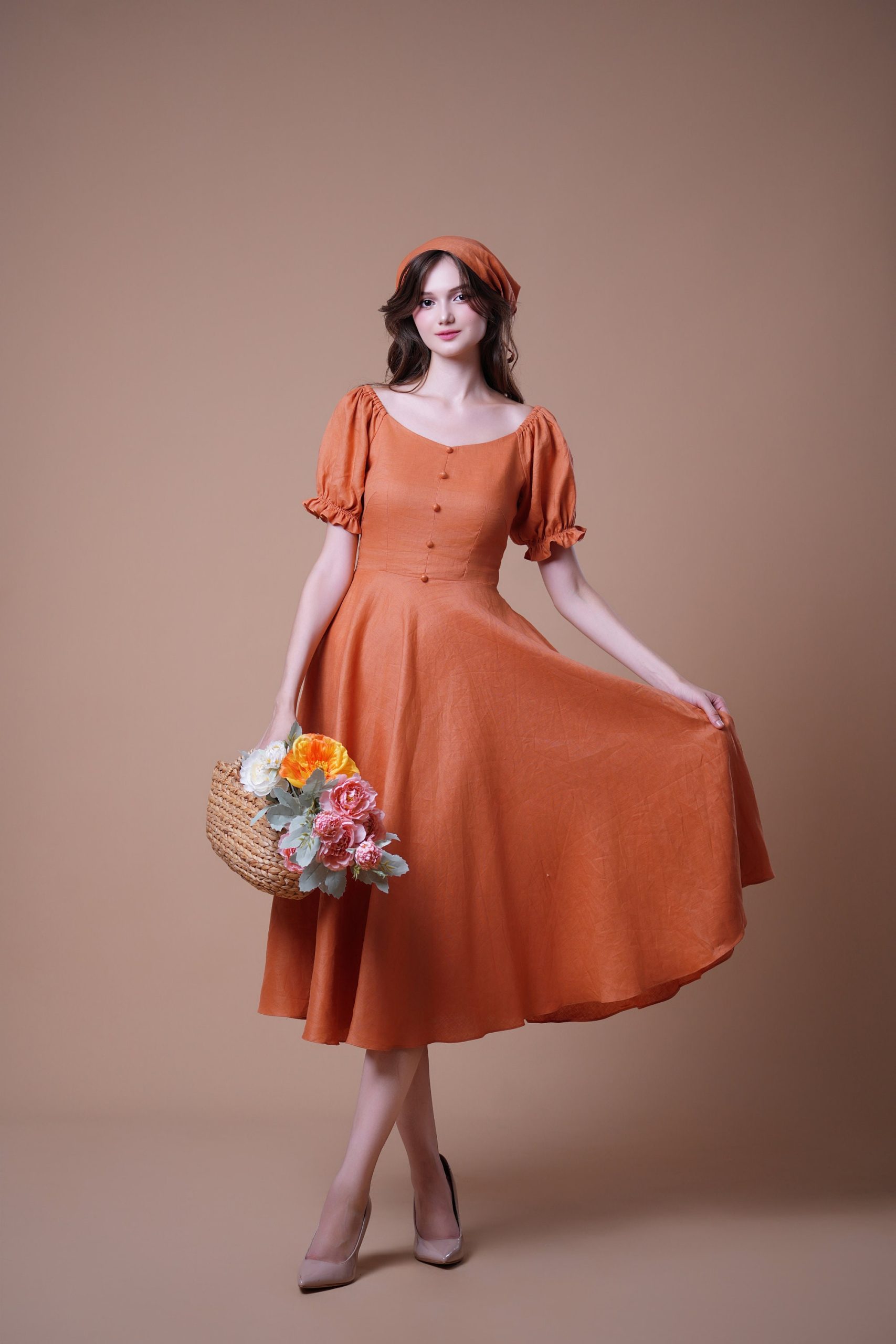 Rust Orange Puff Sleeve Button Front Midi Dress - Image 3