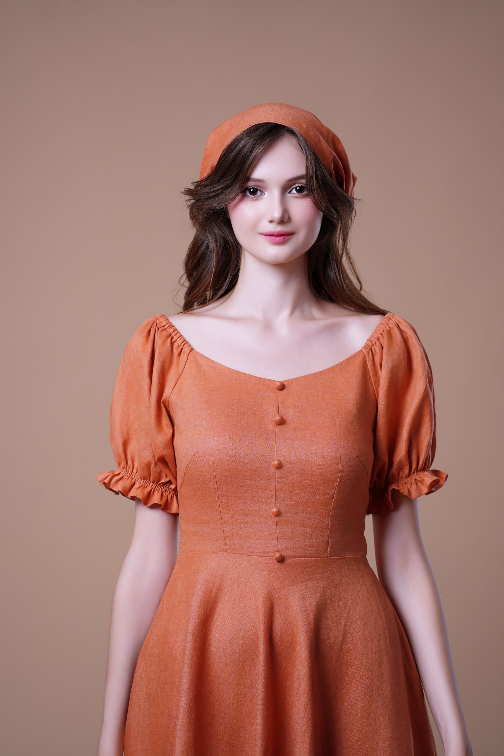 Rust Orange Puff Sleeve Button Front Midi Dress - Image 2