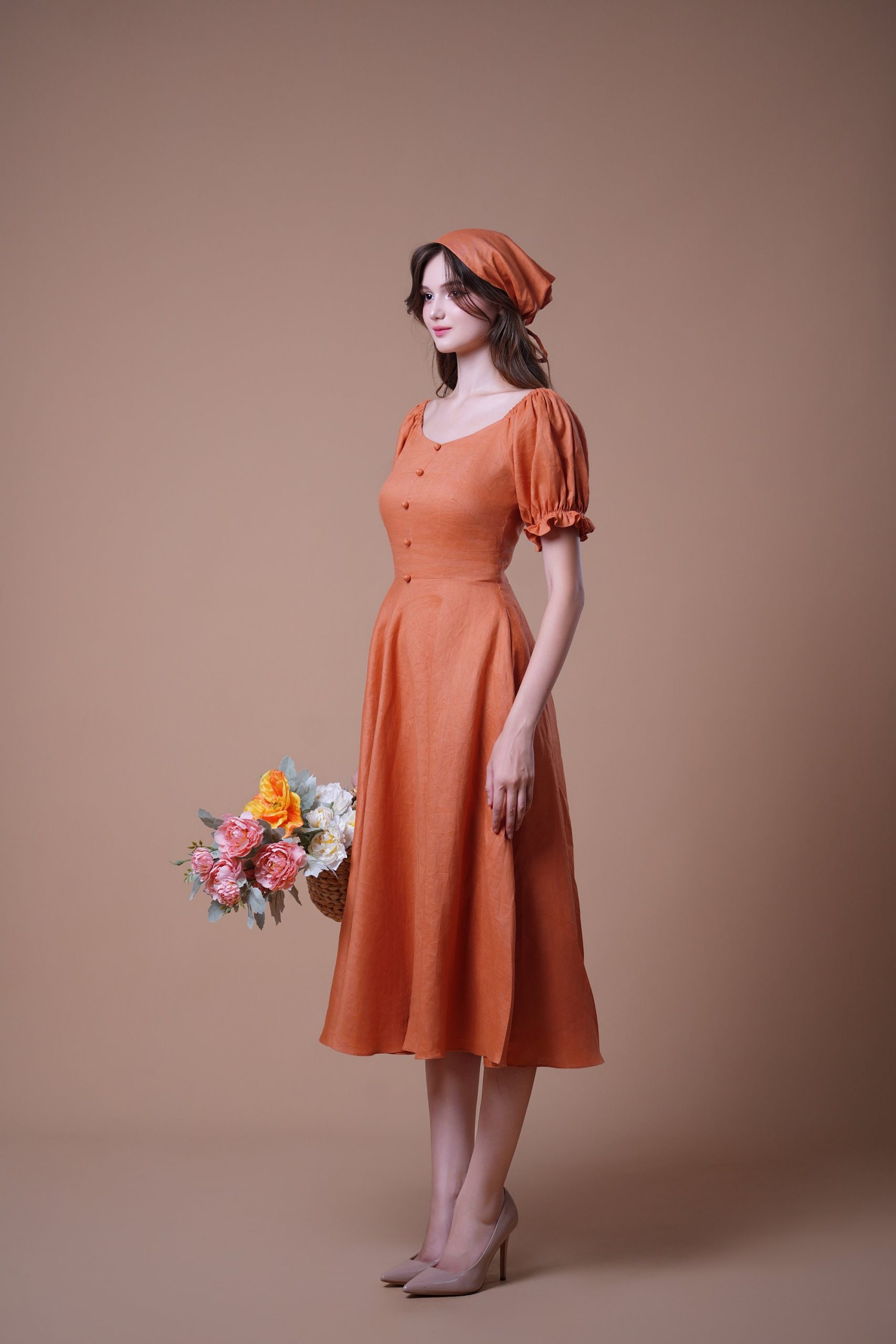 Rust Orange Puff Sleeve Button Front Midi Dress - Image 4