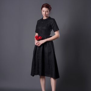 Black Button Front Short Sleeve Midi Dress