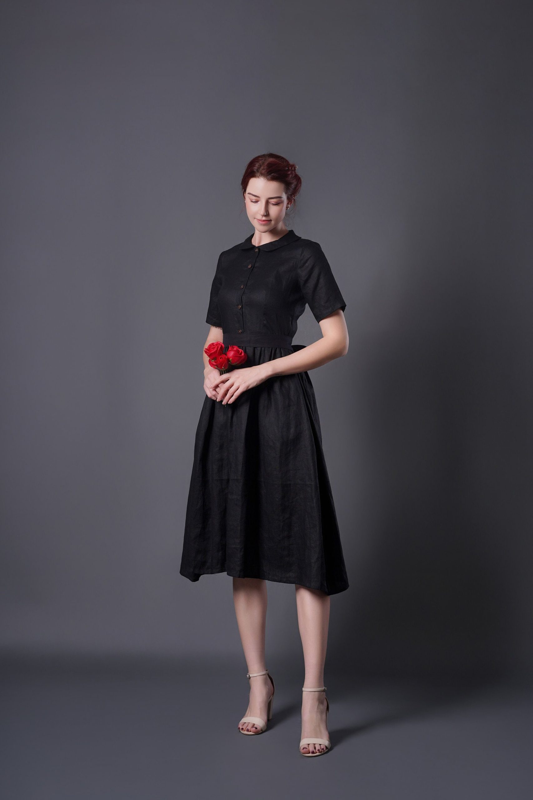 Black Button Front Short Sleeve Midi Dress