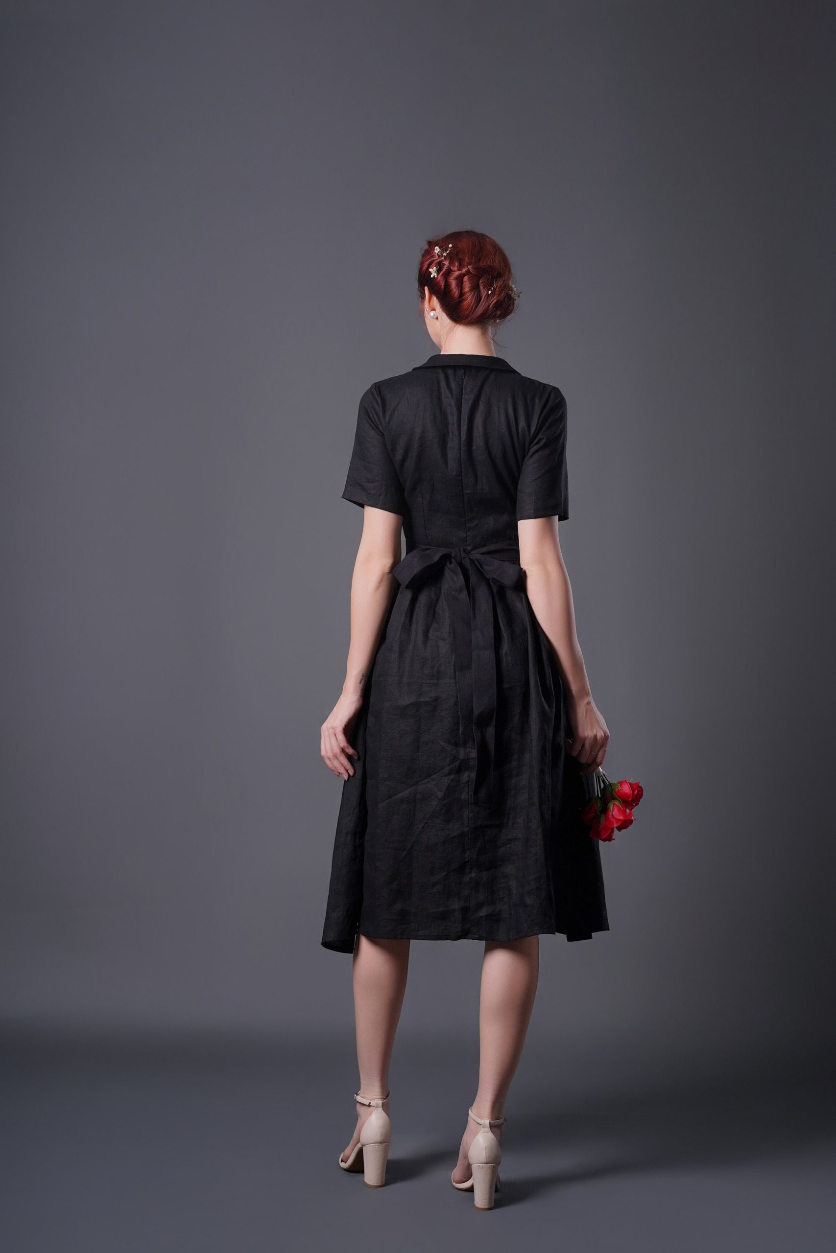 Black Button Front Short Sleeve Midi Dress - Image 4