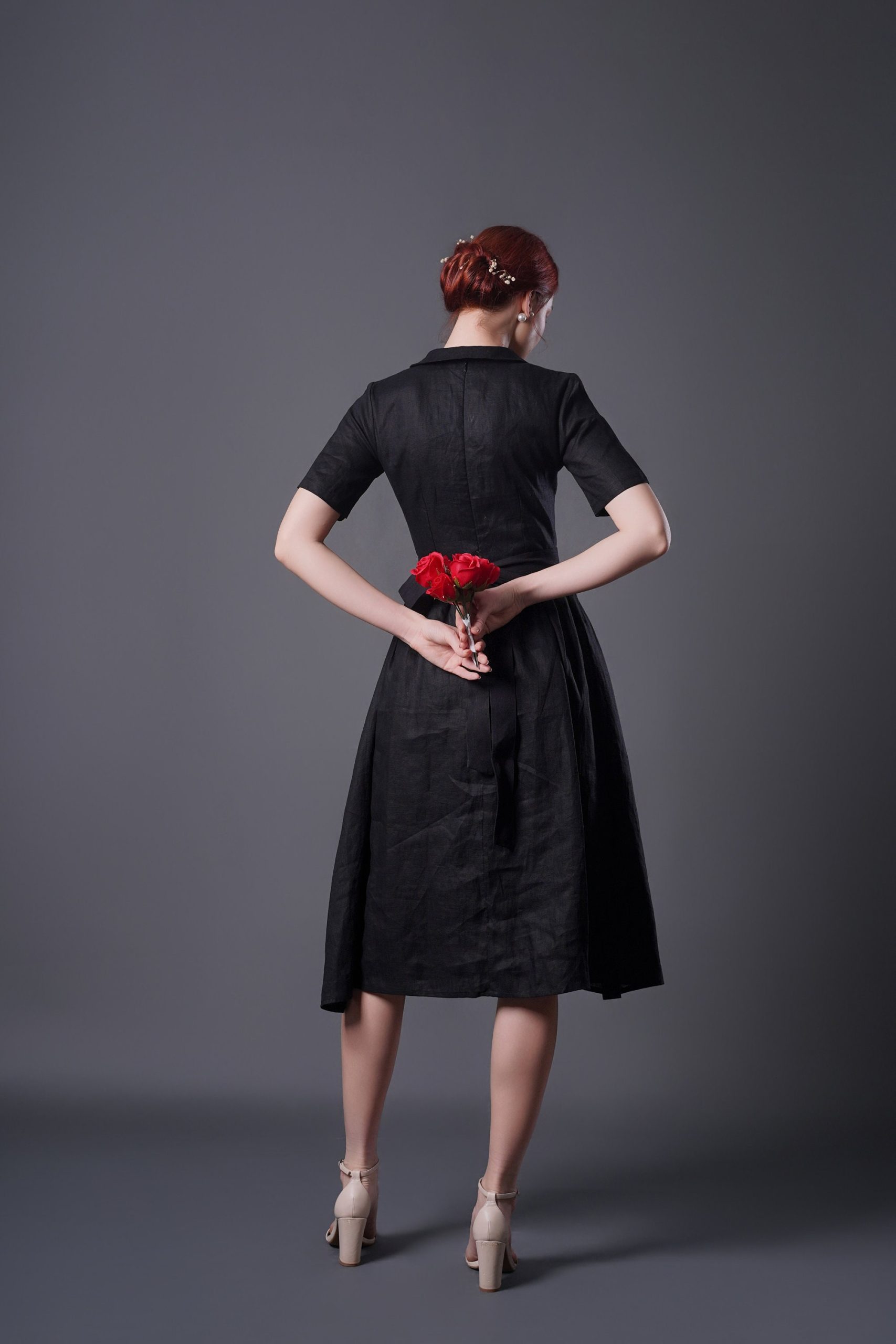 Black Button Front Short Sleeve Midi Dress - Image 3