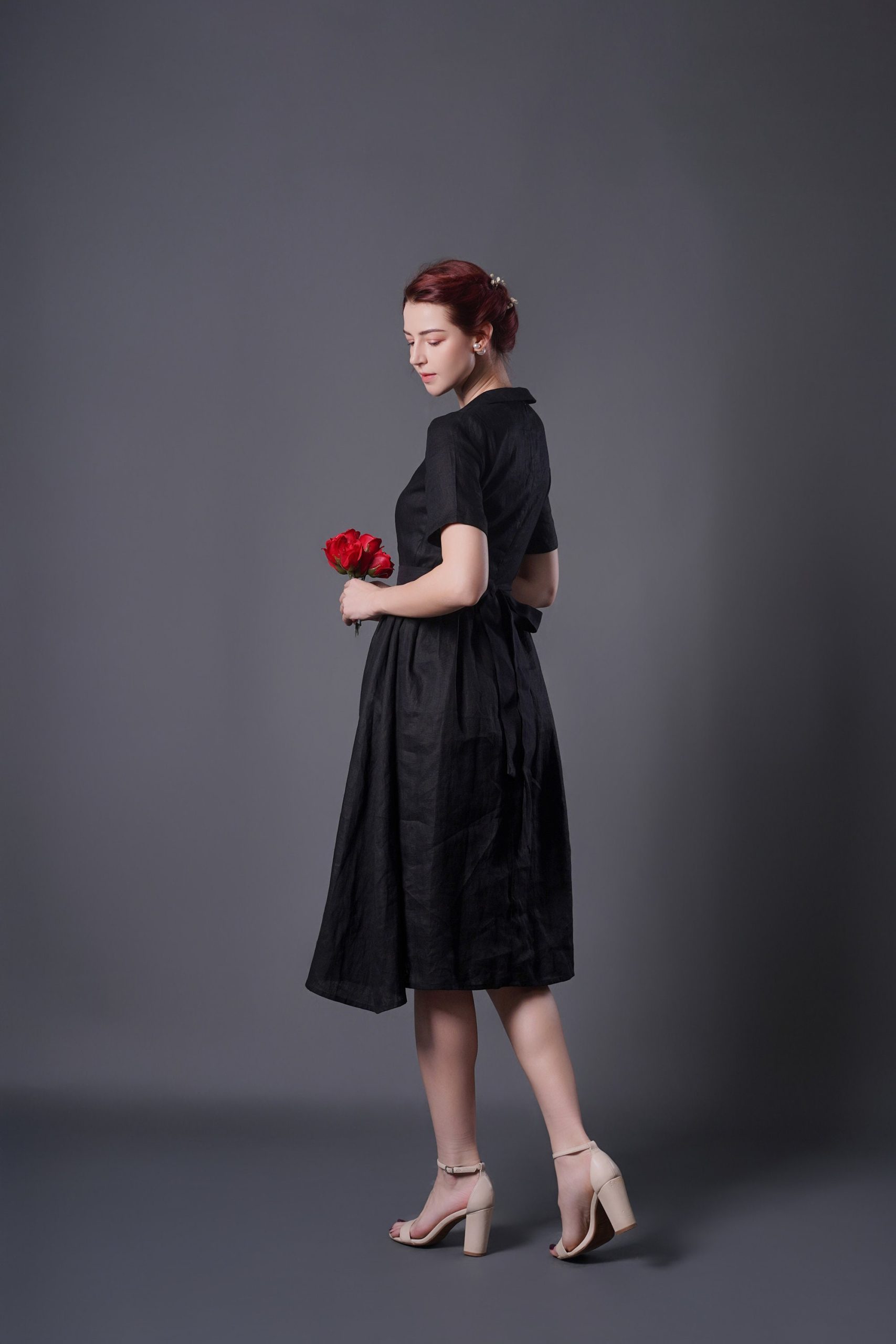 Black Button Front Short Sleeve Midi Dress - Image 2
