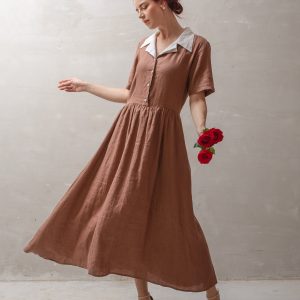 Mocha Brown Contrast Collar Button Front Midi Dress