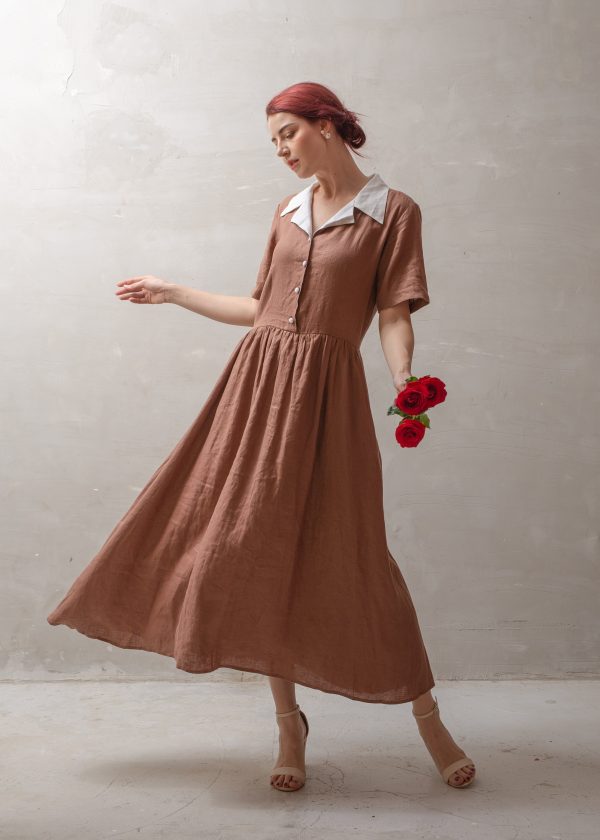 Mocha Brown Contrast Collar Button Front Midi Dress