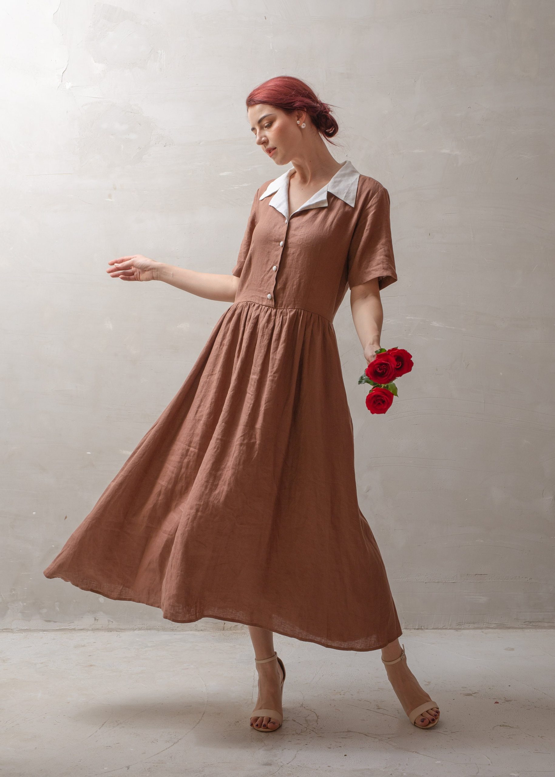 Mocha Brown Contrast Collar Button Front Midi Dress