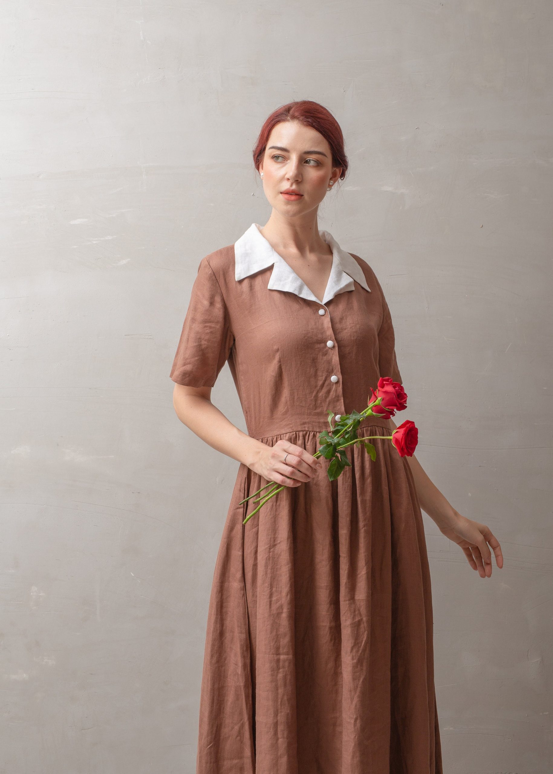 Mocha Brown Contrast Collar Button Front Midi Dress - Image 2