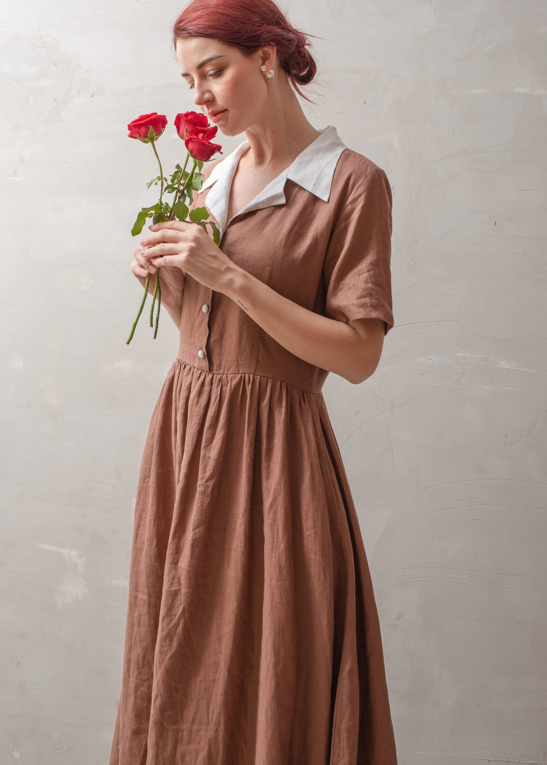 Mocha Brown Contrast Collar Button Front Midi Dress - Image 4
