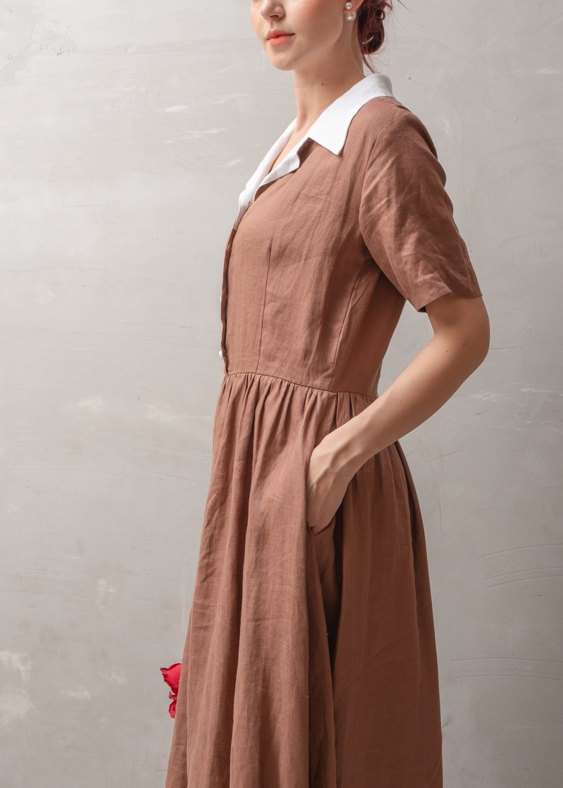 Mocha Brown Contrast Collar Button Front Midi Dress - Image 5