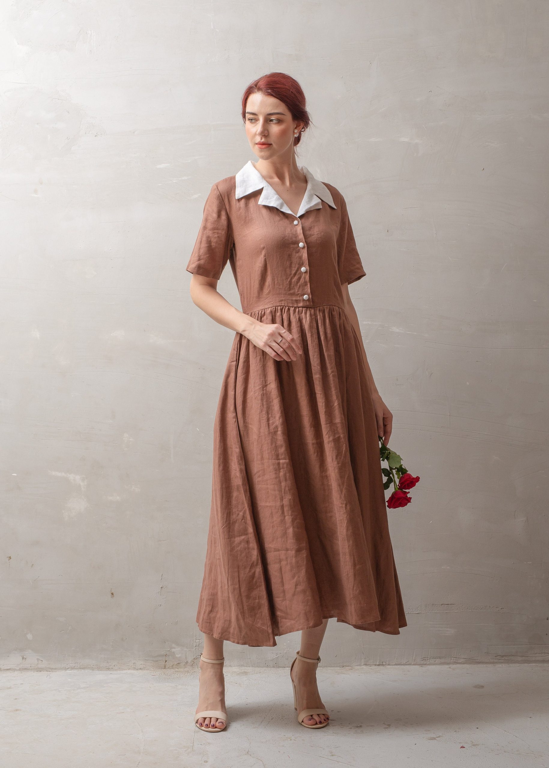 Mocha Brown Contrast Collar Button Front Midi Dress - Image 6