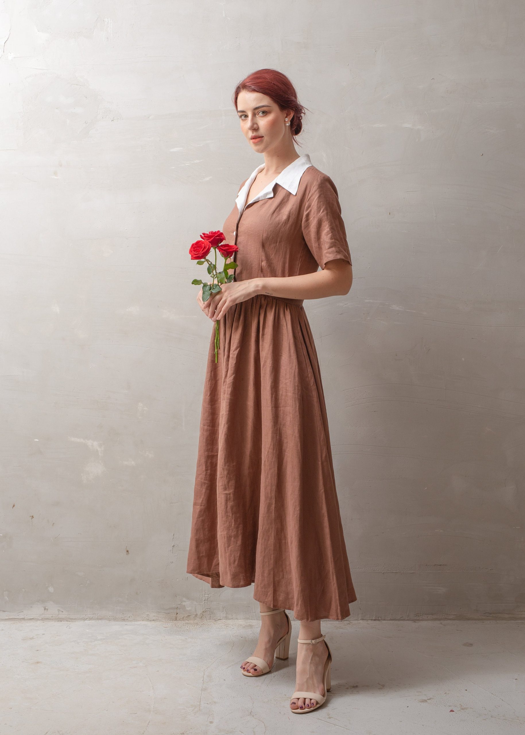 Mocha Brown Contrast Collar Button Front Midi Dress - Image 3