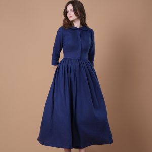 Navy Blue Peter Pan Collar Three-Quarter Sleeve Midi Dress