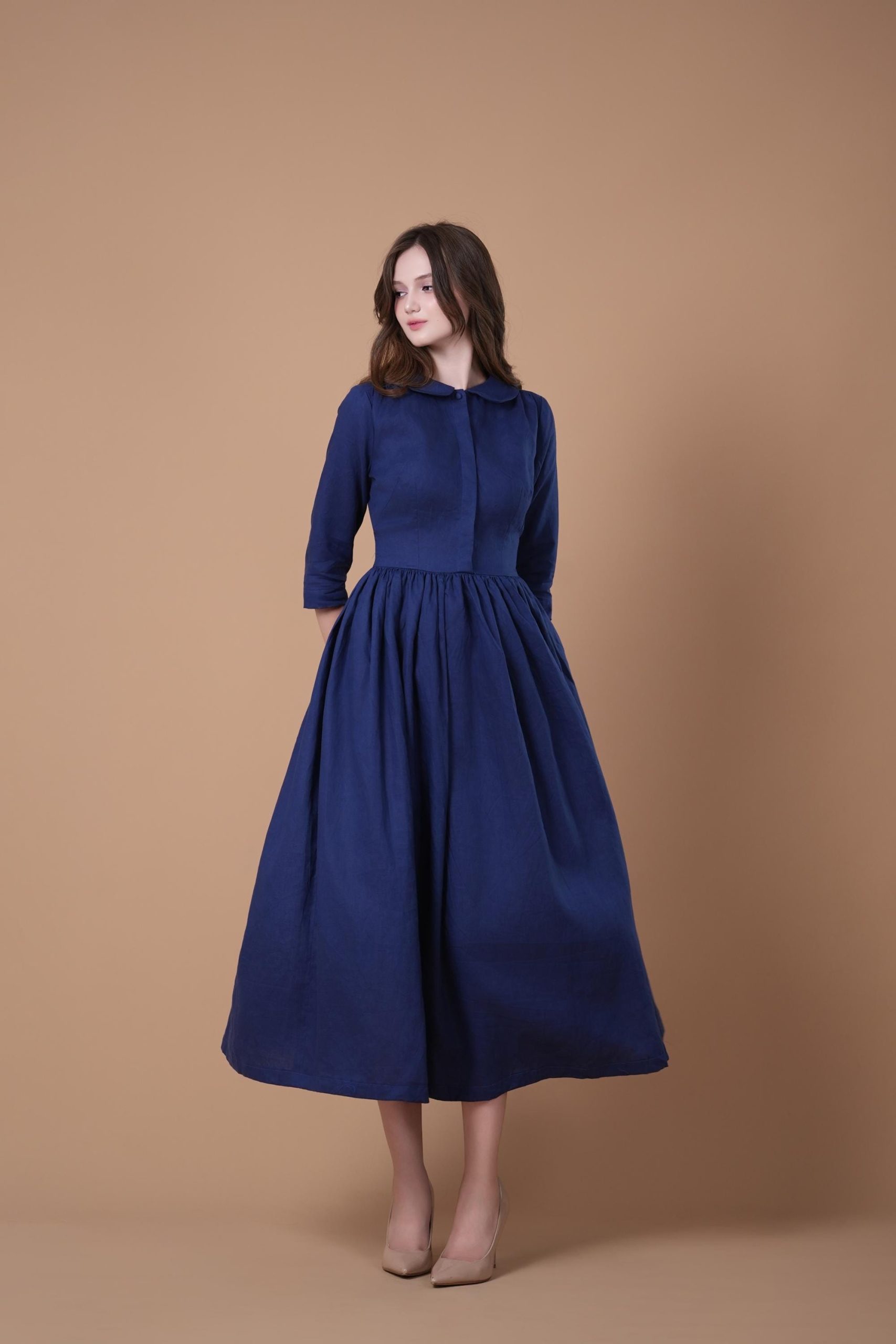Navy Blue Peter Pan Collar Three-Quarter Sleeve Midi Dress