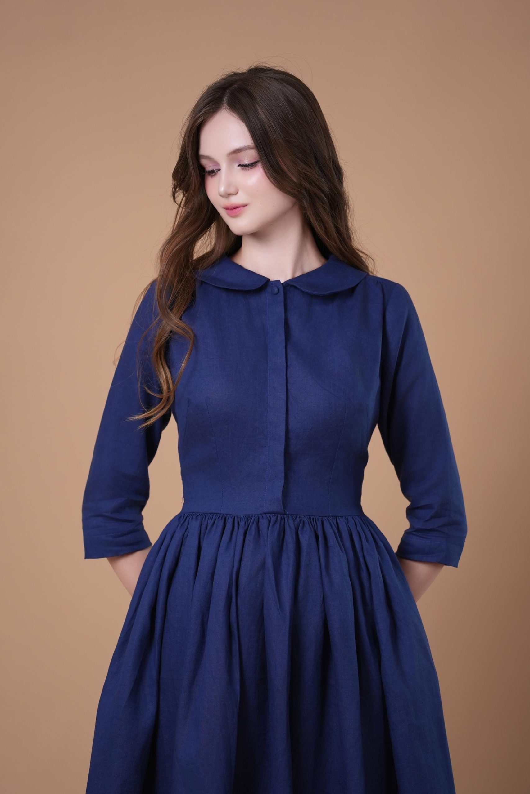 Navy Blue Peter Pan Collar Three-Quarter Sleeve Midi Dress - Image 2