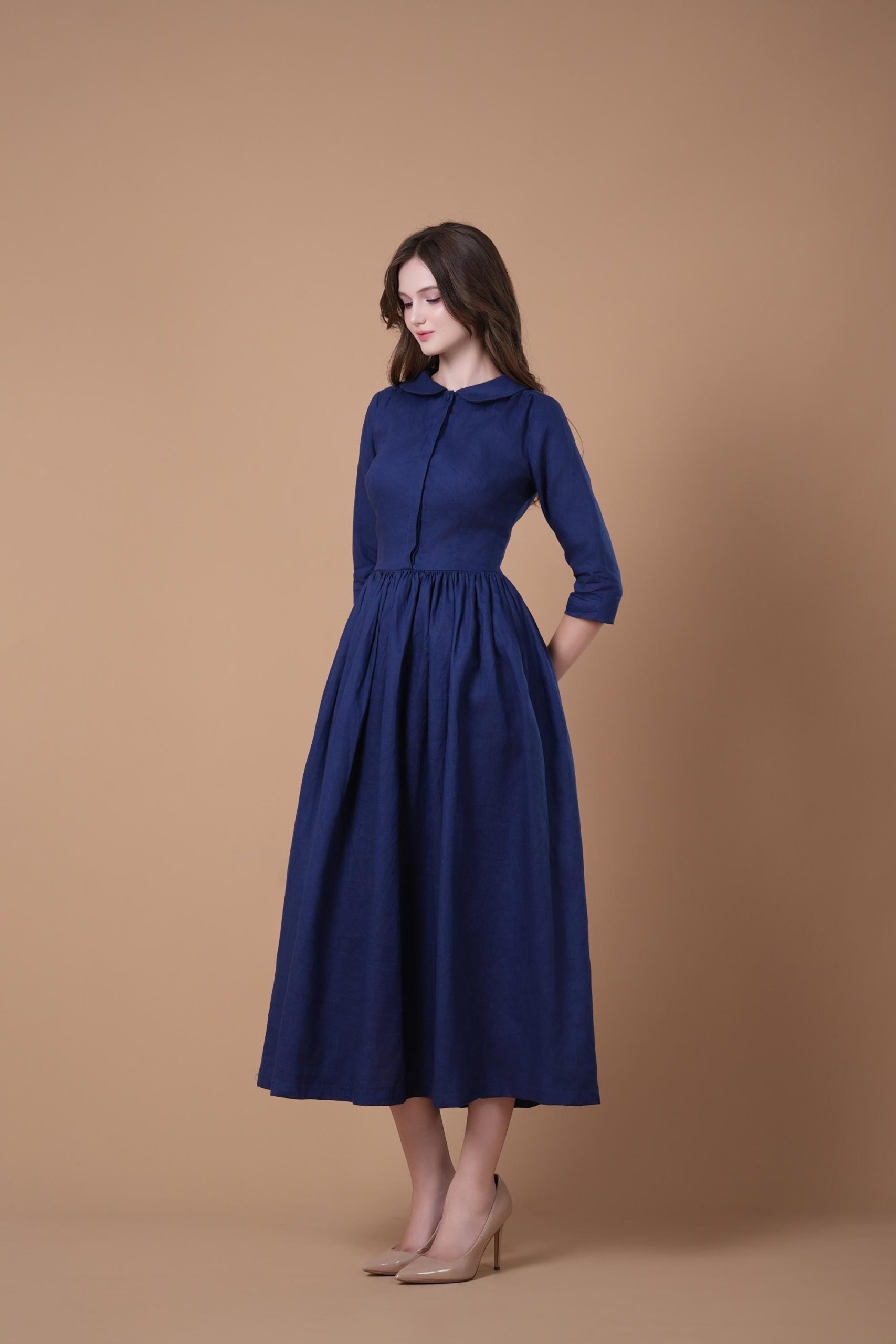 Navy Blue Peter Pan Collar Three-Quarter Sleeve Midi Dress - Image 3