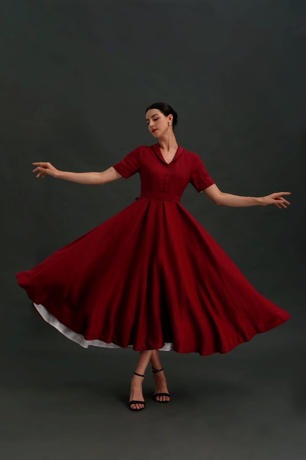 Deep Red Button Front Swing Midi Dress
