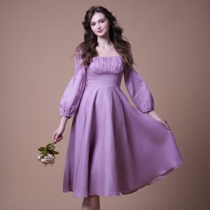 Lavender Purple Ruched Square Neck Long Sleeve Midi Dress