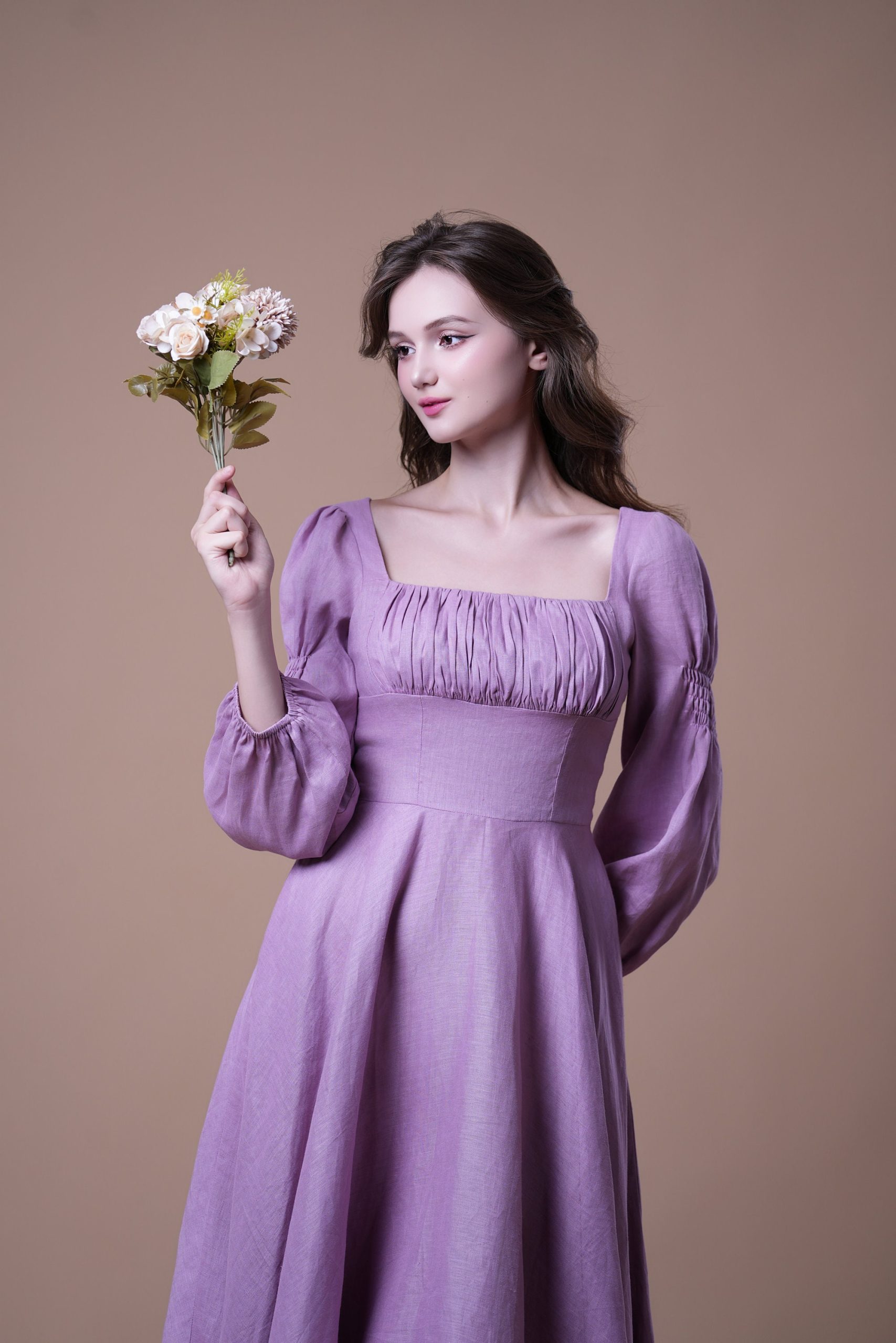 Lavender Purple Ruched Square Neck Long Sleeve Midi Dress - Image 2