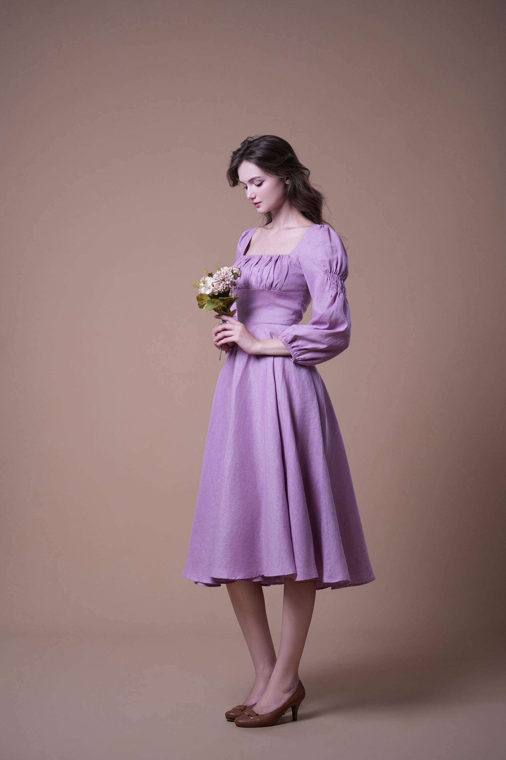Lavender Purple Ruched Square Neck Long Sleeve Midi Dress - Image 3