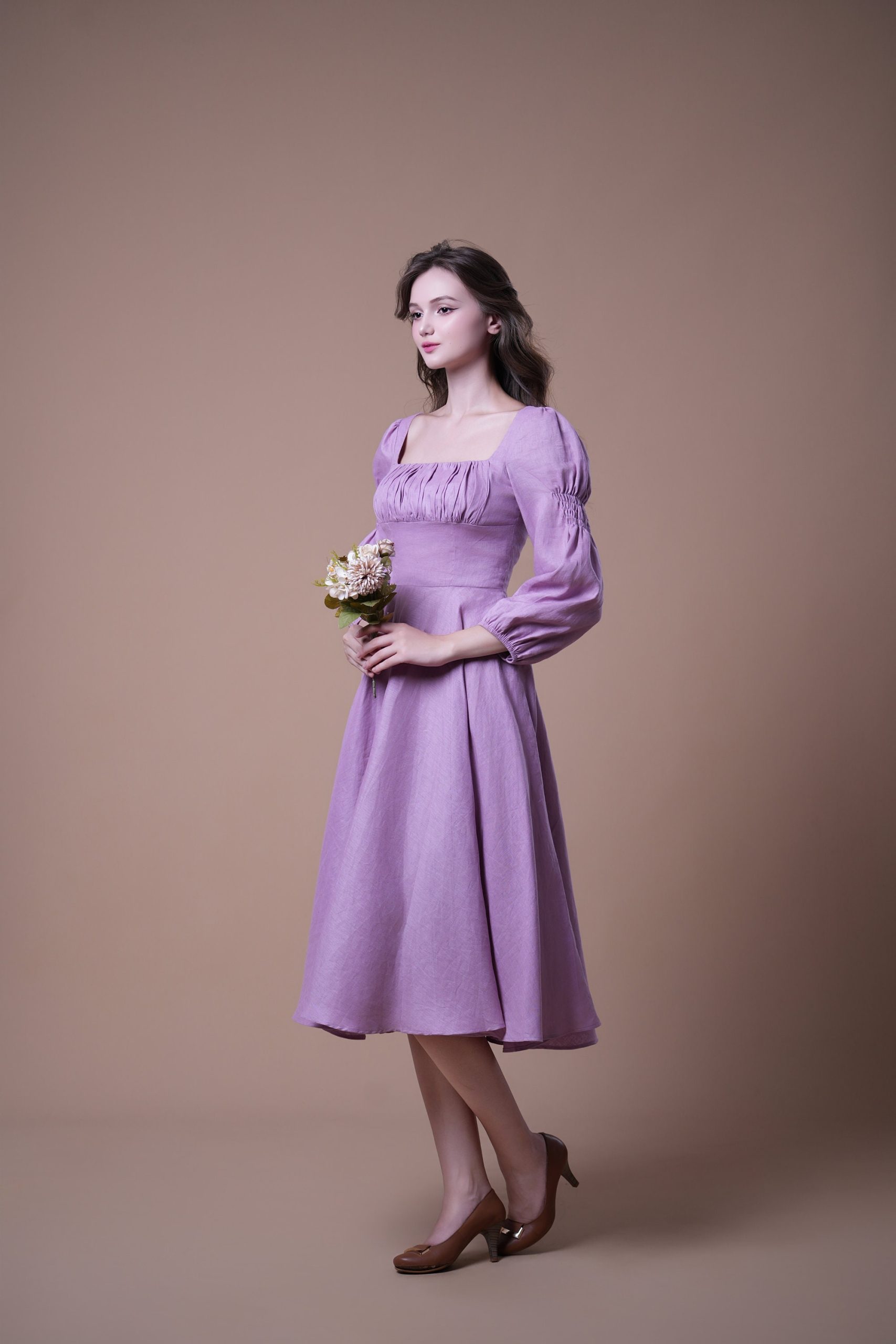 Lavender Purple Ruched Square Neck Long Sleeve Midi Dress - Image 4