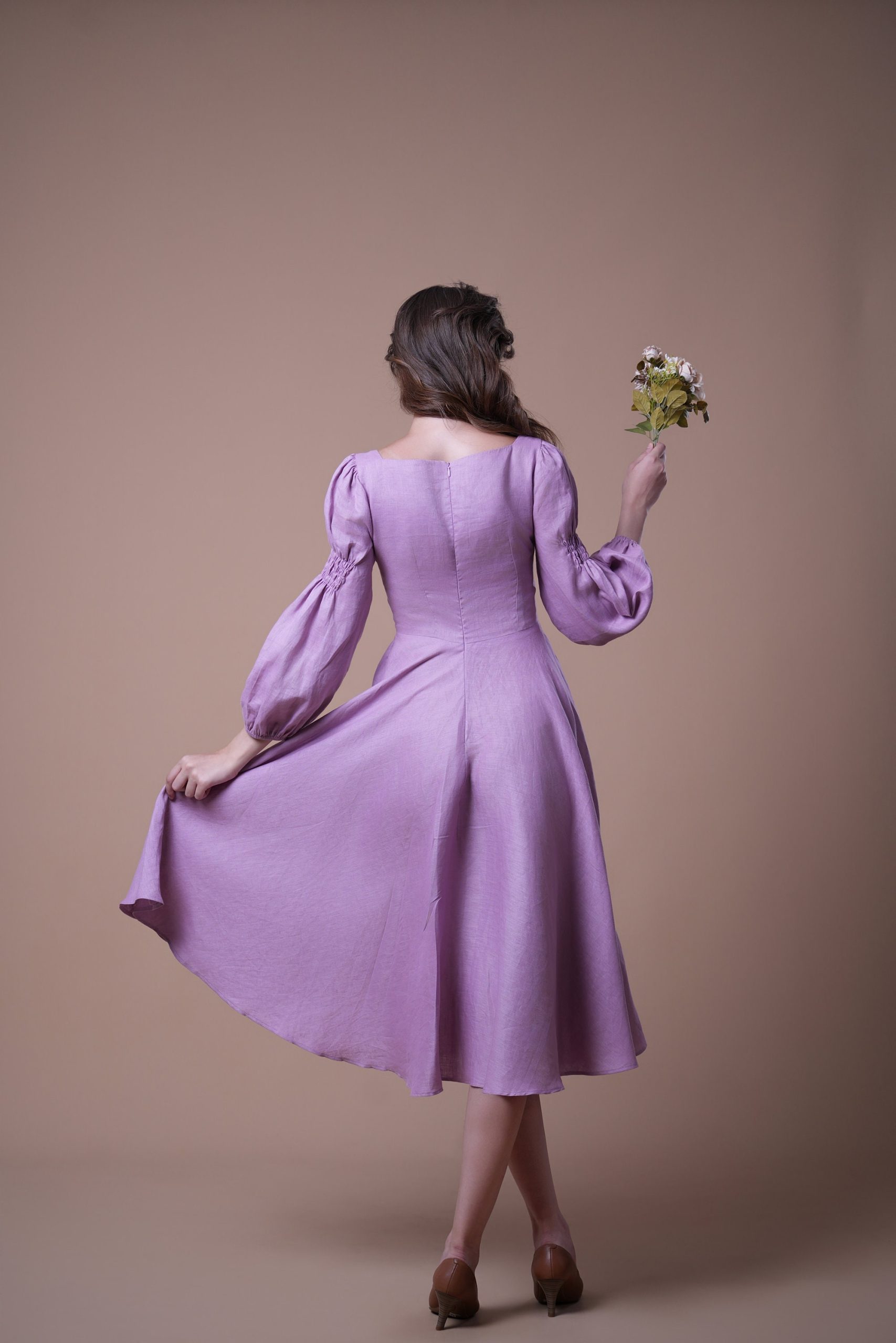 Lavender Purple Ruched Square Neck Long Sleeve Midi Dress - Image 5