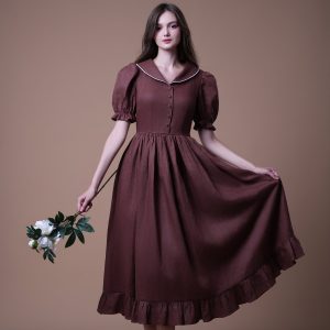 Chocolate Brown Puff Sleeve Ruffle Hem Midi Dress
