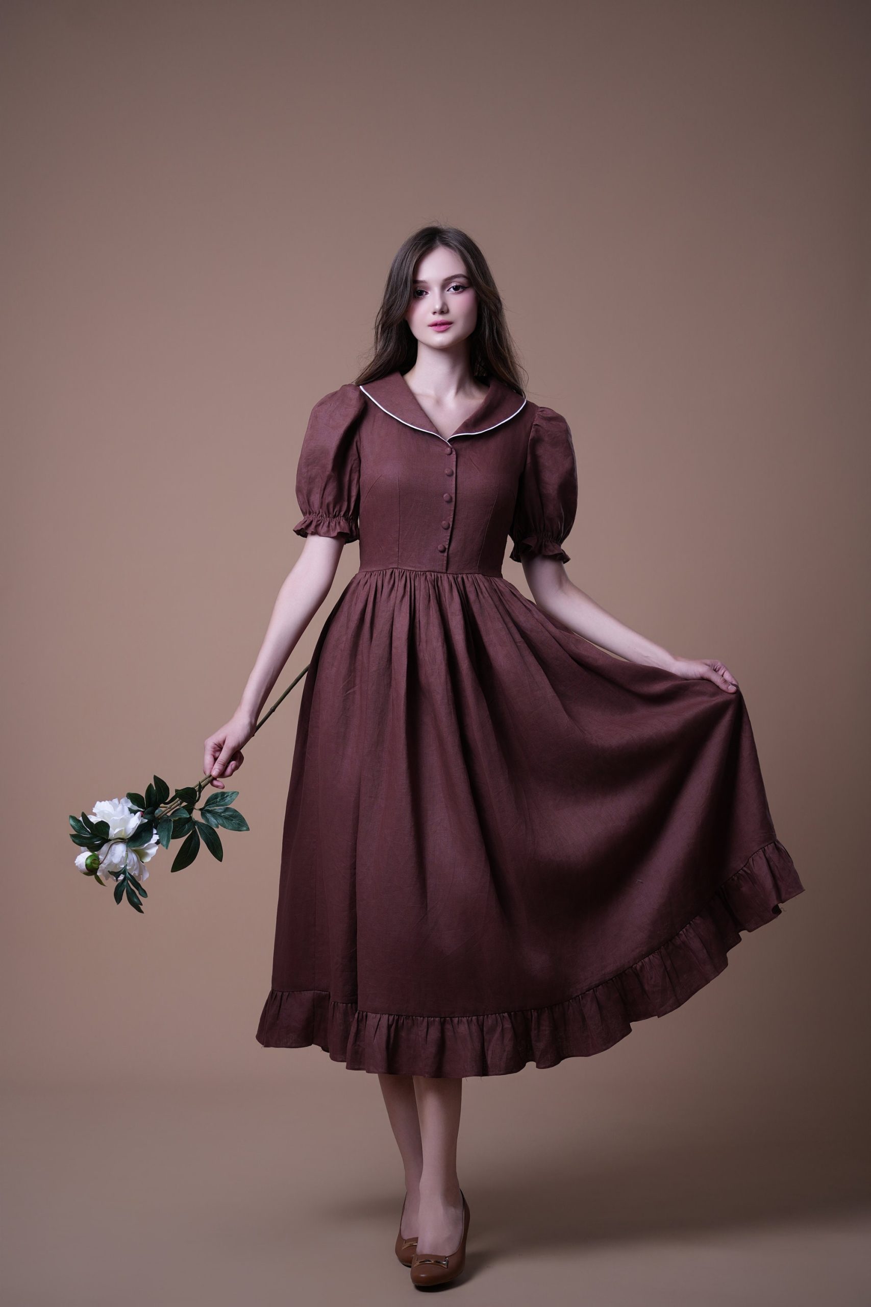 Chocolate Brown Puff Sleeve Ruffle Hem Midi Dress