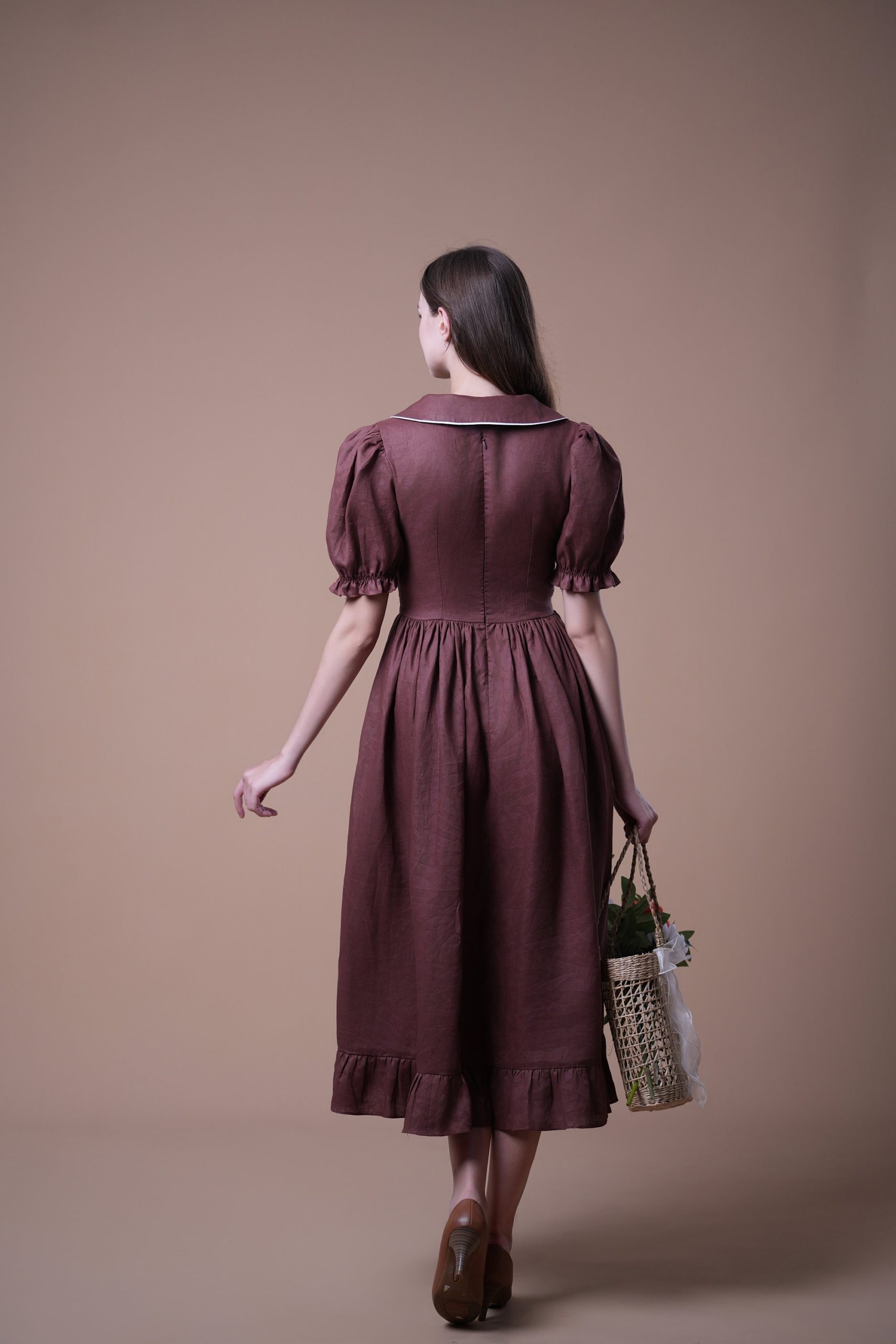 Chocolate Brown Puff Sleeve Ruffle Hem Midi Dress - Image 4