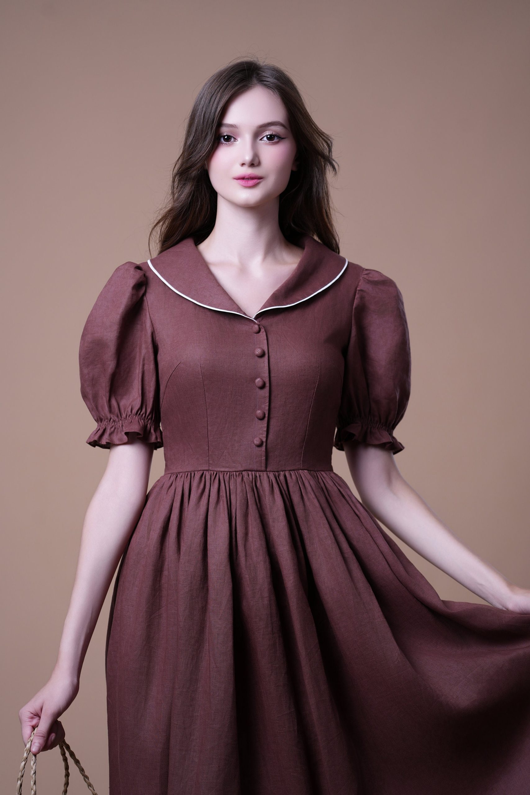 Chocolate Brown Puff Sleeve Ruffle Hem Midi Dress - Image 2