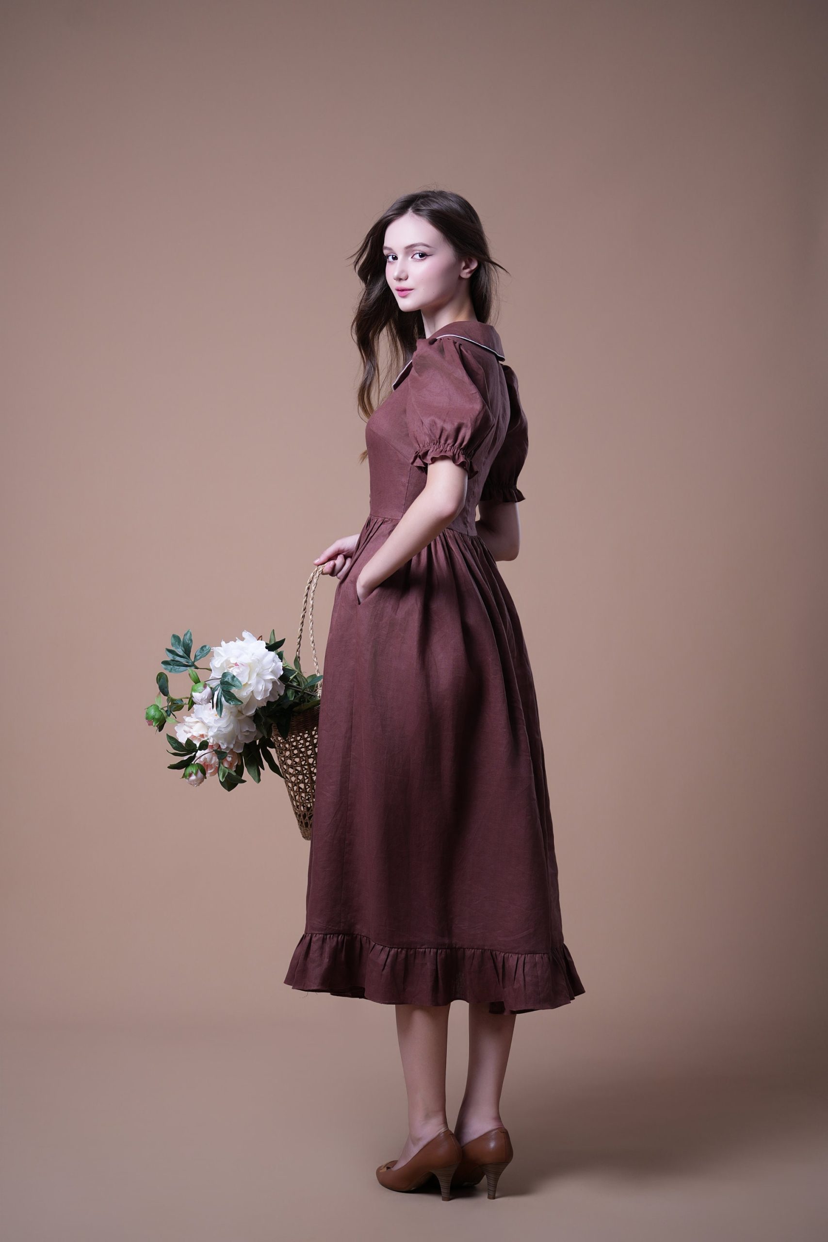 Chocolate Brown Puff Sleeve Ruffle Hem Midi Dress - Image 3