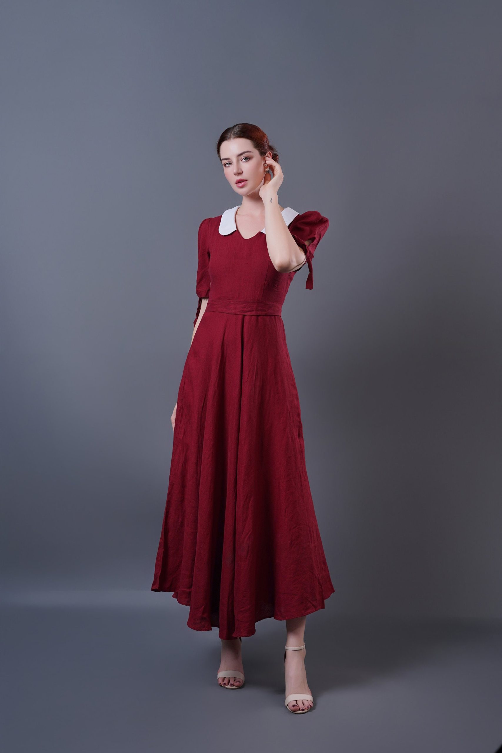 Burgundy Contrast Collar Puff Sleeve Midi Dress - Image 2