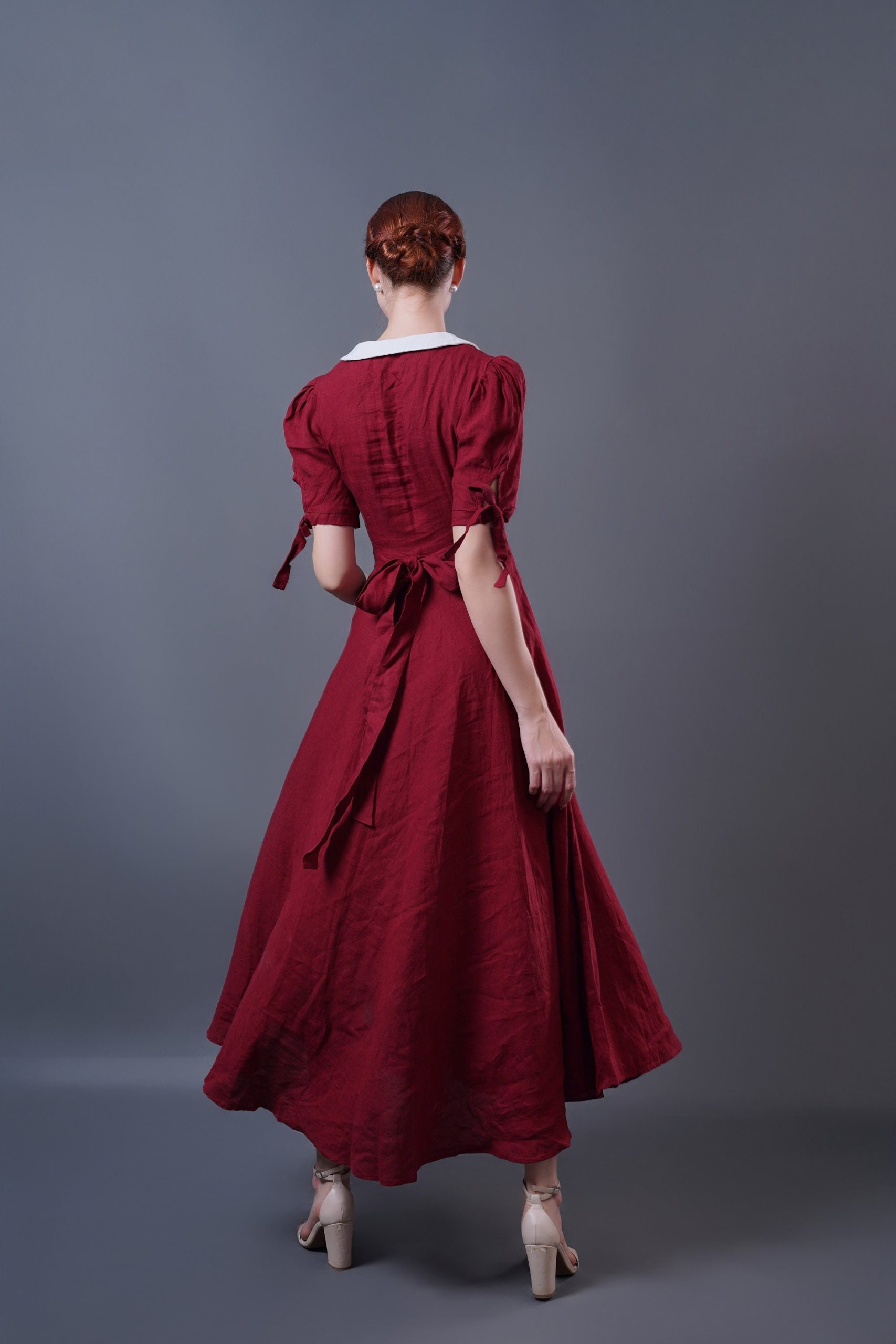 Burgundy Contrast Collar Puff Sleeve Midi Dress - Image 3